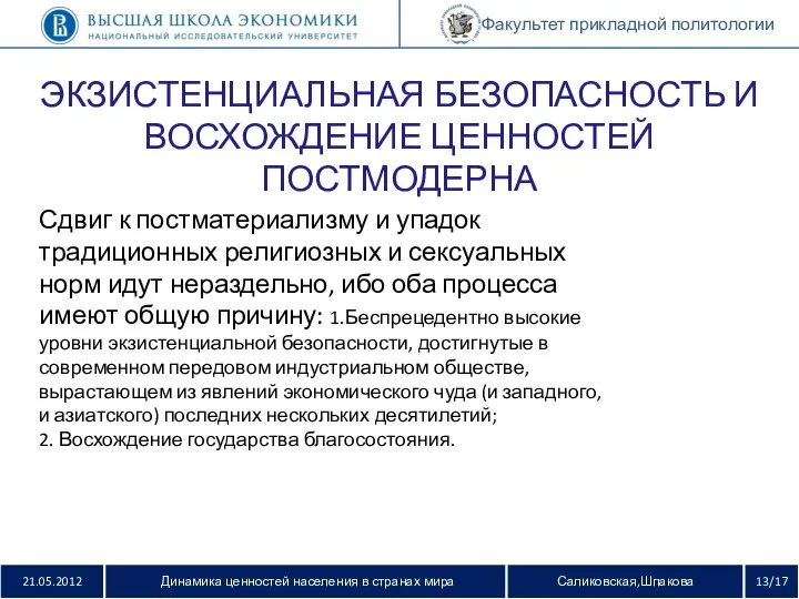 21.05.2012 Динамика ценностей населения в странах мира Саликовская,Шпакова 13/17 Факультет прикладной