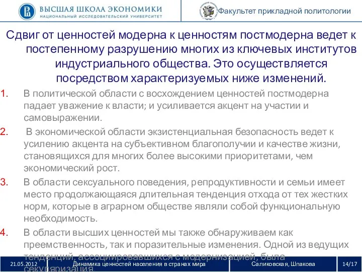 21.05.2012 Динамика ценностей населения в странах мира Саликовская, Шпакова 14/17 Факультет