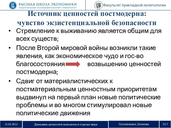 21.05.2012 Динамика ценностей населения в странах мира Саликовская, Шпакова 7/17 Факультет