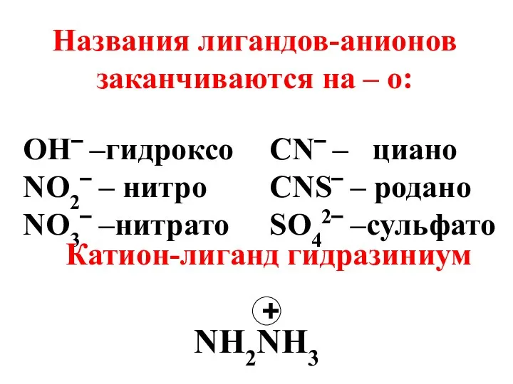 Названия лигандов-анионов заканчиваются на – о: OH‾ –гидроксо NO2‾ – нитро