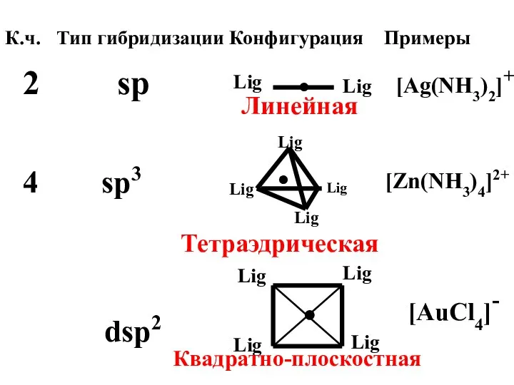 К.ч. Тип гибридизации Конфигурация Примеры 2 sp Lig Lig ● [Ag(NH3)2]+