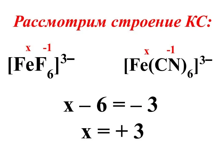 Рассмотрим строение КС: [FeF6]3‾ [Fe(CN)6]3‾ х – 6 = – 3