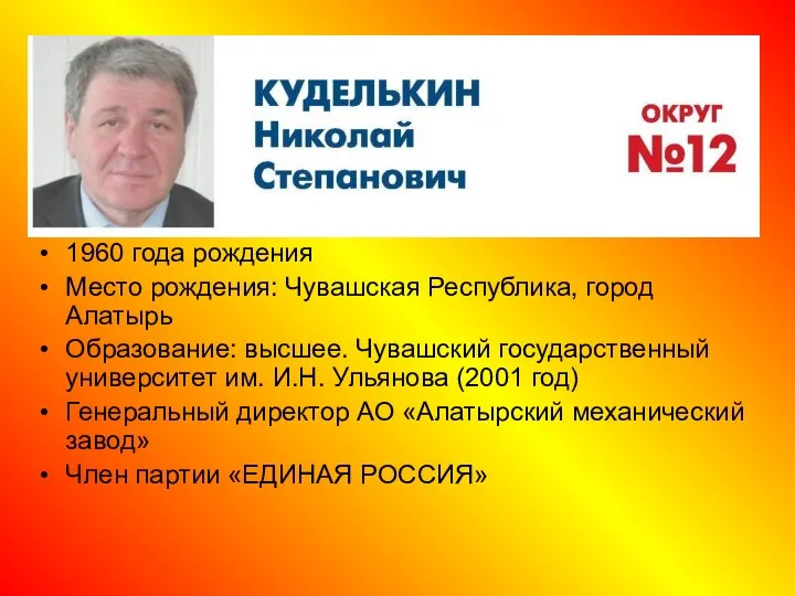 1960 года рождения Место рождения: Чувашская Республика, город Алатырь Образование: высшее.