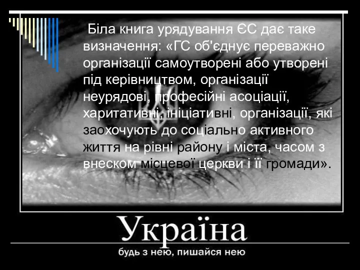 Біла книга урядування ЄС дає таке визначення: «ГС об'єднує переважно організації