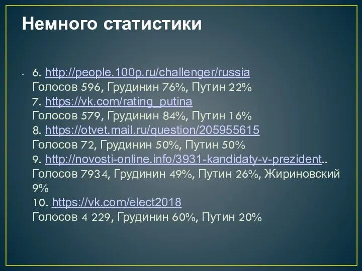 Немного статистики 6. http://people.100p.ru/challenger/russia Голосов 596, Грудинин 76%, Путин 22% 7.