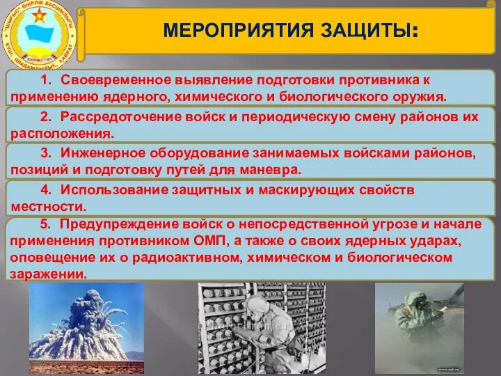 МЕРОПРИЯТИЯ ЗАЩИТЫ: 1. Своевременное выявление подготовки противника к применению ядерного, химического