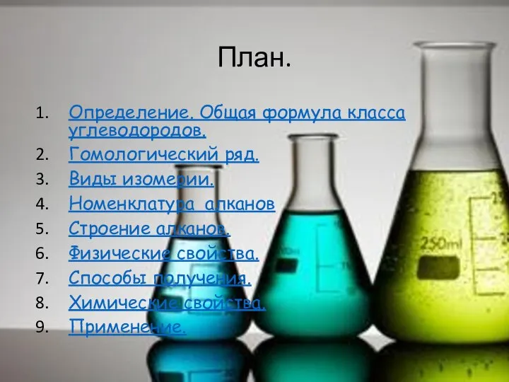 План. Определение. Общая формула класса углеводородов. Гомологический ряд. Виды изомерии. Номенклатура