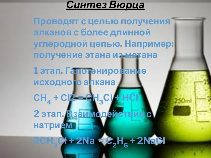 Синтез Вюрца Проводят с целью получения алканов с более длинной углеродной