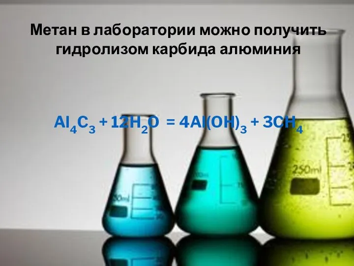 Метан в лаборатории можно получить гидролизом карбида алюминия Al4C3 + 12H2O = 4Al(OH)3 + 3CH4