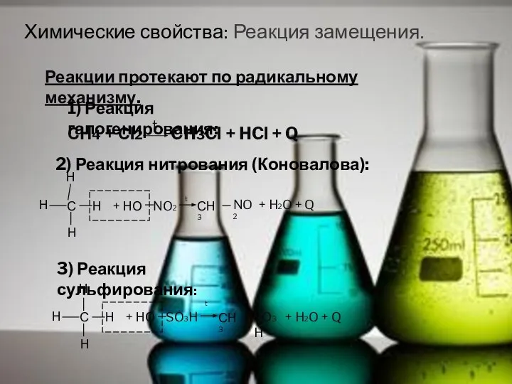 СН4 + Сl2 CH3Cl + HCl + Q t Реакции протекают