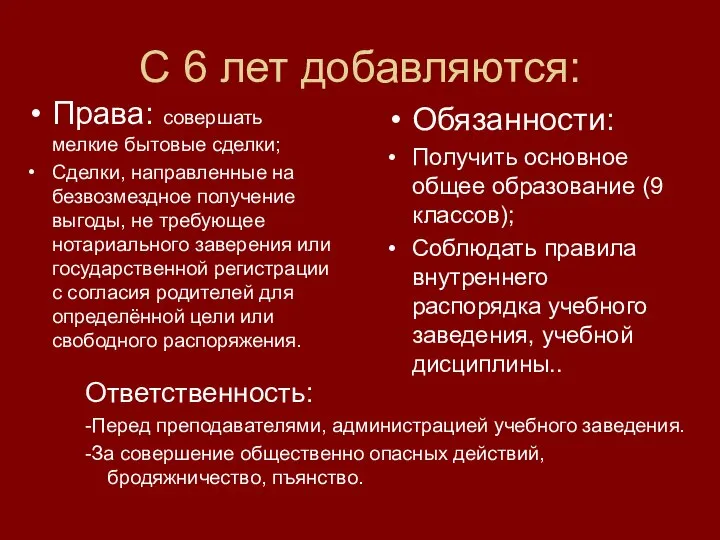 С 6 лет добавляются: Права: совершать мелкие бытовые сделки; Сделки, направленные