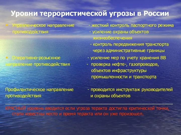 Уровни террористической угрозы в России Управленческое направление - жесткий контроль паспортного