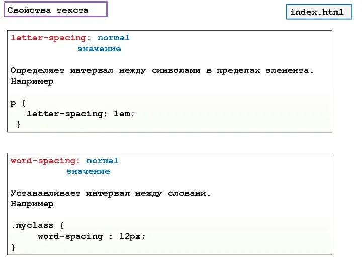 Свойства текста letter-spacing: normal значение Определяет интервал между символами в пределах