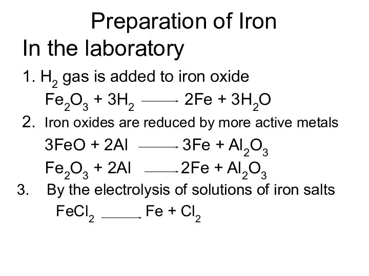 Preparation of Iron In the laboratory 1. H2 gas is added