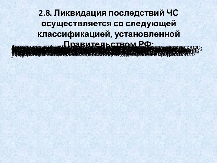 2.8. Ликвидация последствий ЧС осуществляется со следующей классификацией, установленной Правительством РФ: