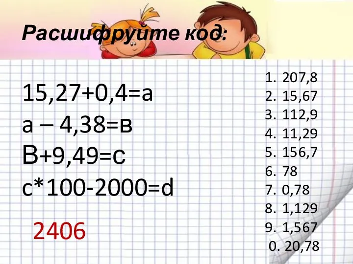 Расшифруйте код: 15,27+0,4=a a – 4,38=в В+9,49=с c*100-2000=d 207,8 15,67 112,9