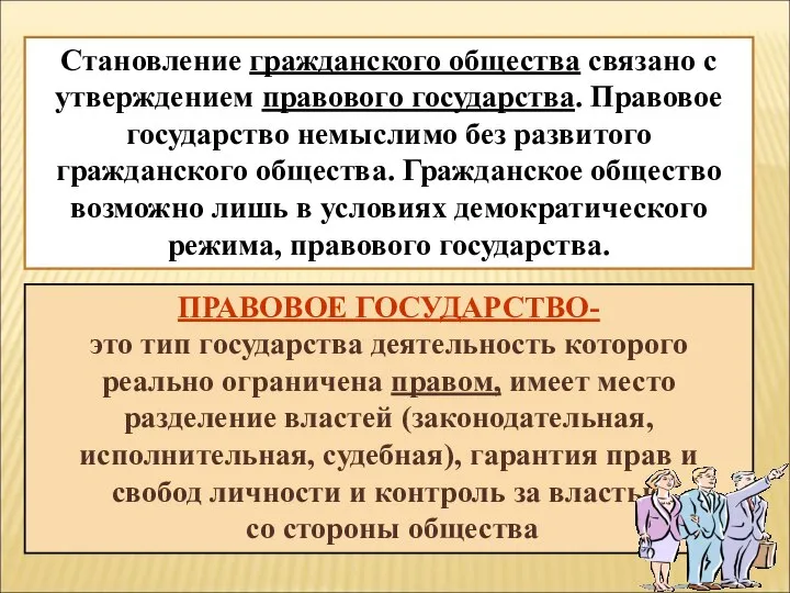 Становление гражданского общества связано с утверждением правового государства. Правовое государство немыслимо