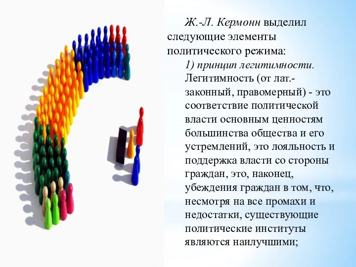 Ж.-Л. Кермонн выделил следующие элементы политического режима: 1) принцип легитимности. Легитимность