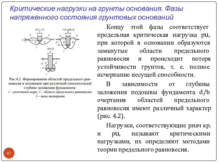 Критические нагрузки на грунты основания. Фазы напряженного состояния грунтовых оснований Концу