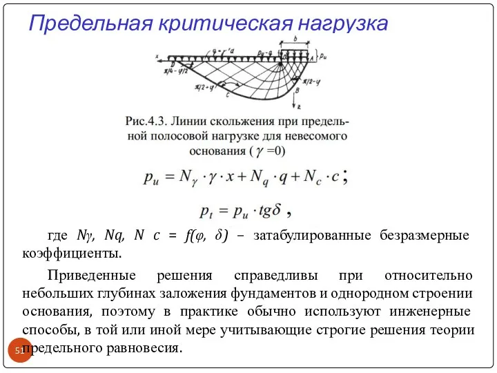 Предельная критическая нагрузка где Nγ, Nq, N c = f(φ, δ)