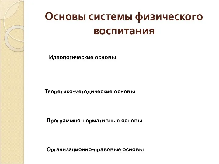 Основы системы физического воспитания Идеологические основы Теоретико-методические основы Программно-нормативные основы Организационно-правовые основы