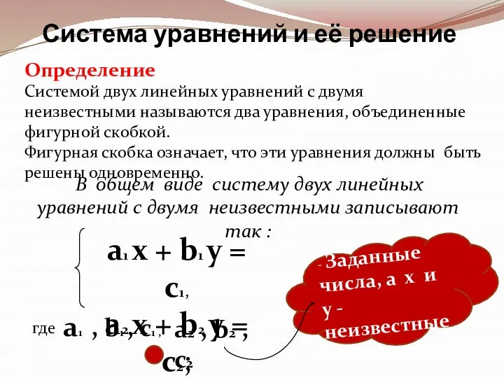 Система уравнений и её решение Определение Системой двух линейных уравнений с