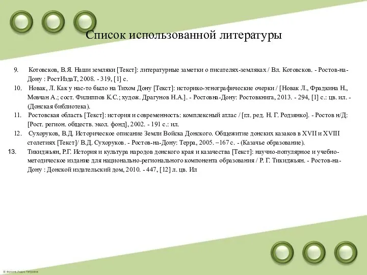 Список использованной литературы 9. Котовсков, В.Я. Наши земляки [Текст]: литературные заметки