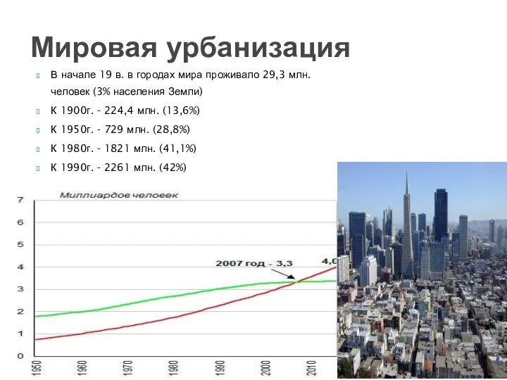 В начале 19 в. в городах мира проживало 29,3 млн. человек