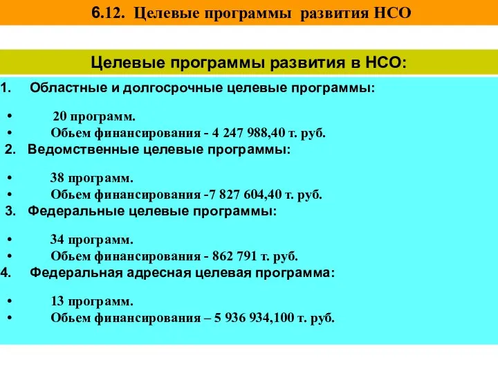 6.12. Целевые программы развития НСО Целевые программы развития в НСО: Областные