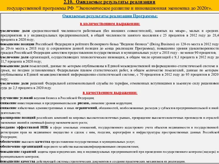 2.10. Ожидаемые результаты реализации государственной программы РФ "Экономическое развитие и инновационная экономика до 2020г».