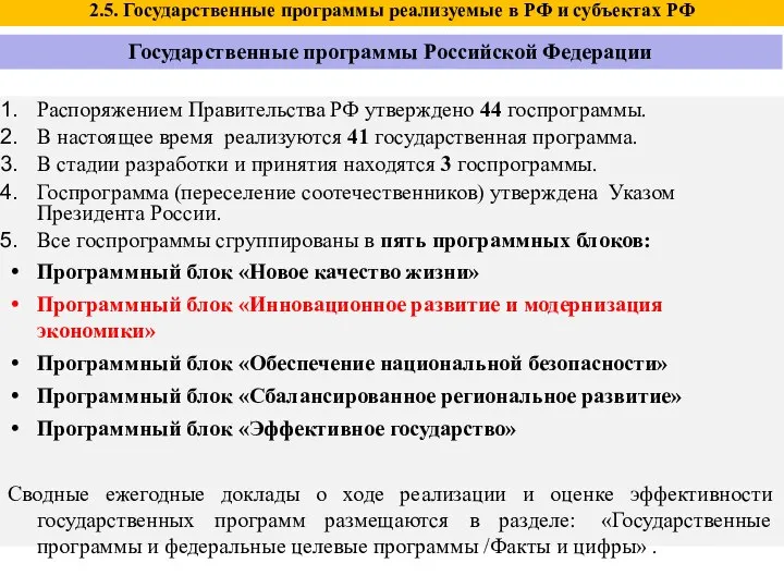 Распоряжением Правительства РФ утверждено 44 госпрограммы. В настоящее время реализуются 41