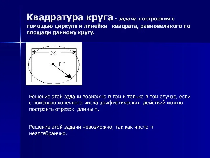 Квадратура круга - задача построения с помощью циркуля и линейки квадрата,