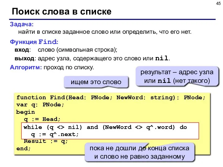 Поиск слова в списке Задача: найти в списке заданное слово или