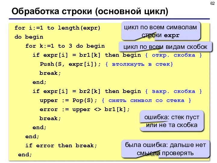 Обработка строки (основной цикл) for i:=1 to length(expr) do begin for