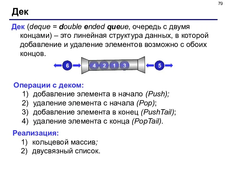 Дек Дек (deque = double ended queue, очередь с двумя концами)