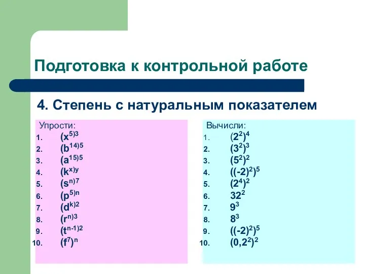 Подготовка к контрольной работе 4. Степень с натуральным показателем Упрости: (x5)3