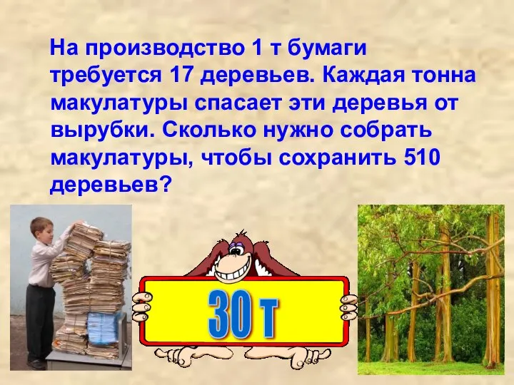 На производство 1 т бумаги требуется 17 деревьев. Каждая тонна макулатуры