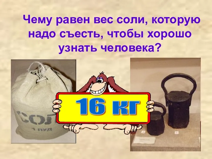 Чему равен вес соли, которую надо съесть, чтобы хорошо узнать человека? 16 кг