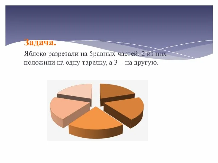 Задача. Яблоко разрезали на 5равных частей. 2 из них положили на