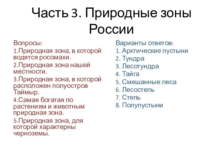 Часть 3. Природные зоны России Вопросы: 1.Природная зона, в которой водятся