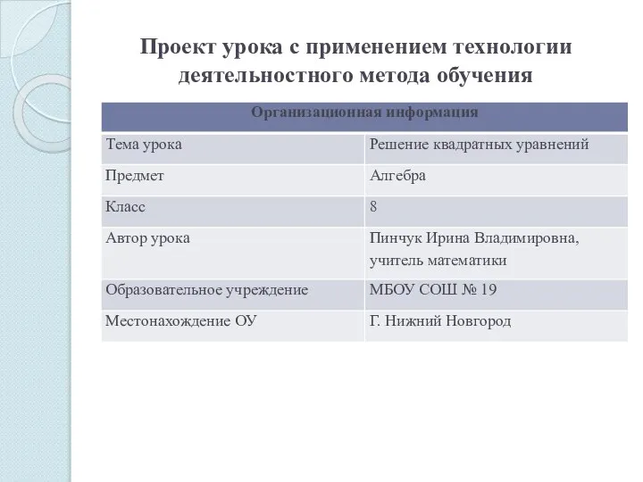 Проект урока с применением технологии деятельностного метода обучения