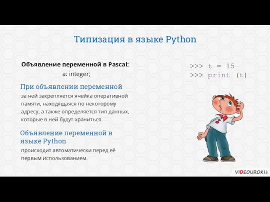 Типизация в языке Python Объявление переменной в Pascal: a: integer; за