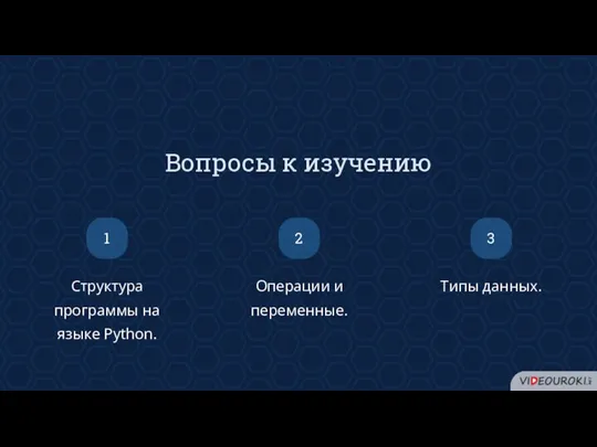 Вопросы к изучению Структура программы на языке Python. Операции и переменные. 1 2 Типы данных. 3