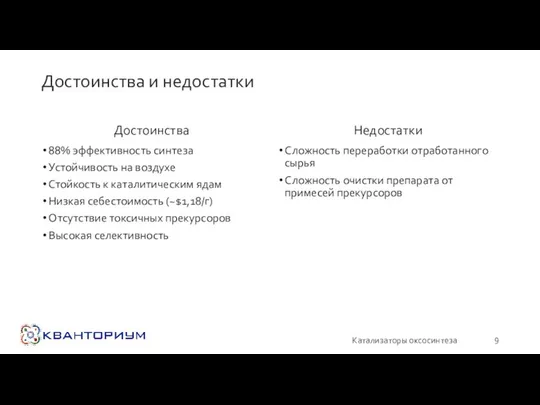 Достоинства и недостатки Достоинства 88% эффективность синтеза Устойчивость на воздухе Стойкость