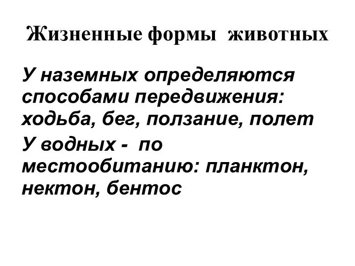 Жизненные формы животных У наземных определяются способами передвижения: ходьба, бег, ползание,