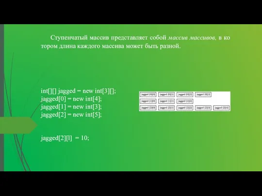 Ступенчатый массив представляет собой массив массивов, в ко­тором длина каждого массива