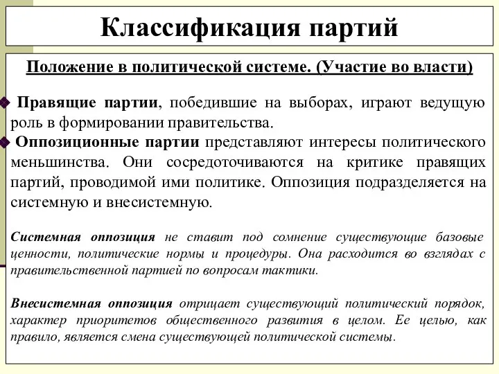 Положение в политической системе. (Участие во власти) Правящие партии, победившие на