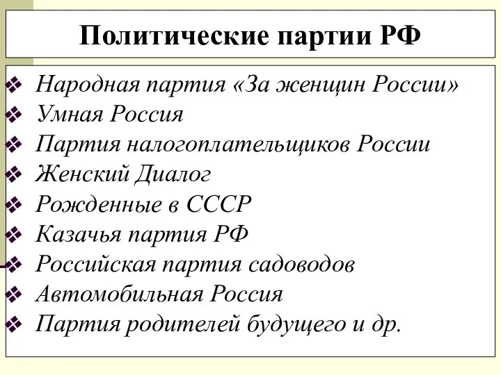 Политические партии РФ Народная партия «За женщин России» Умная Россия Партия