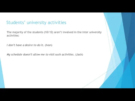 Students’ university activities The majority of the students (10/12) aren’t involved