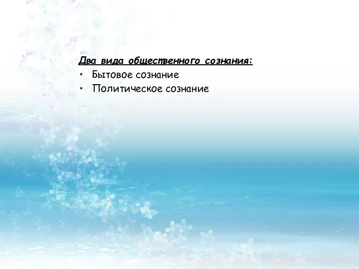 Два вида общественного сознания: Бытовое сознание Политическое сознание